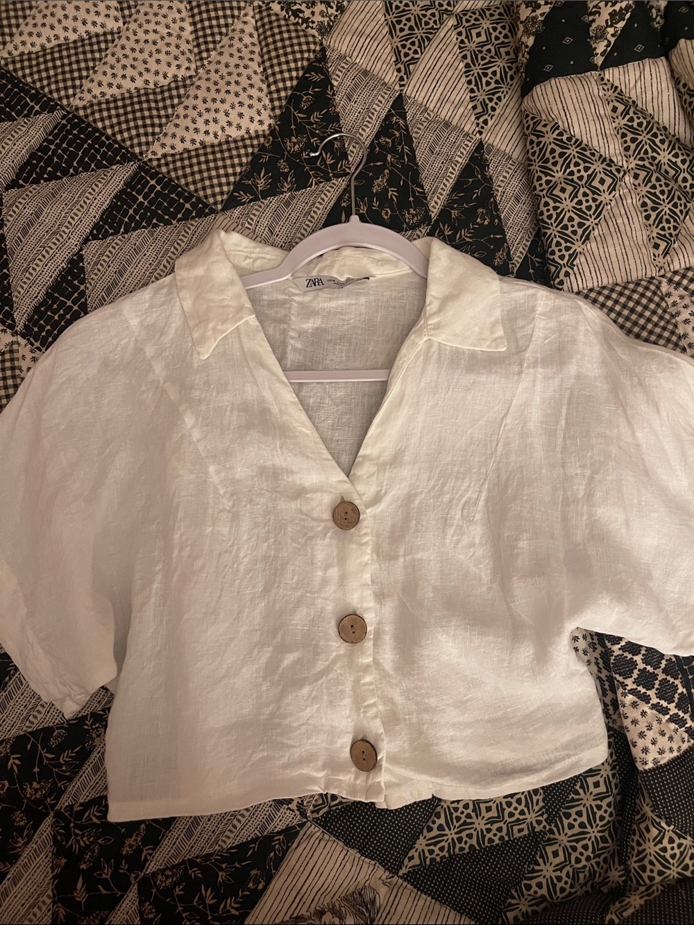 Zara White Linen Short-Sleeve Button Crop Shirt